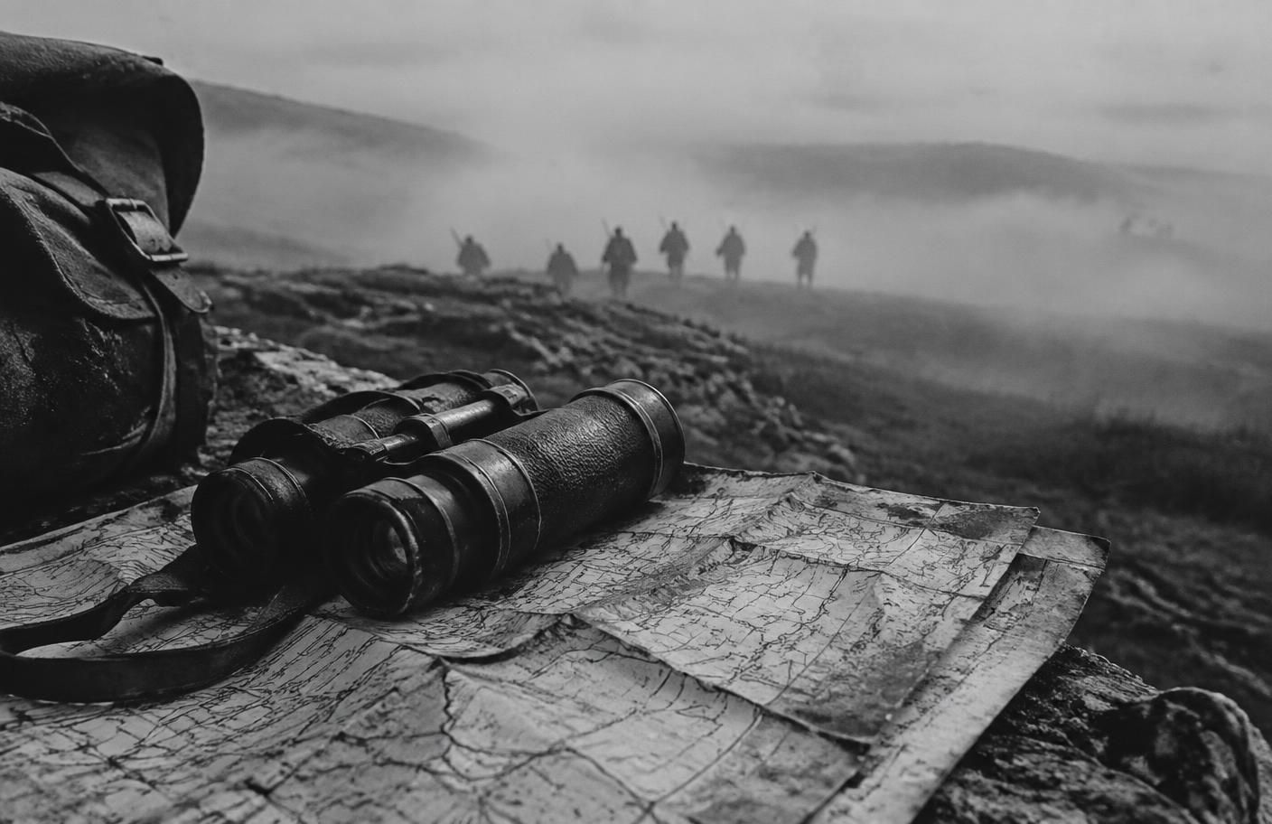 Binoculars and field maps overlooking a misty landscape